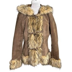 BB Dakota Penny Lane Brown/Tan Faux Fur Leather Coat With Hood. Size Large